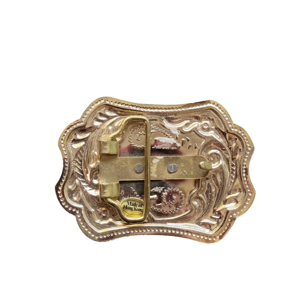 Western‎ Belt Buckle Gold Silver Tone Saddled Horse Floral Scroll Made in HK